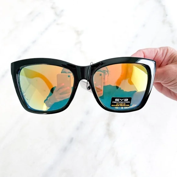 Mirrored Square Sunglasses Orange Gold Studs - Picture 6 of 11